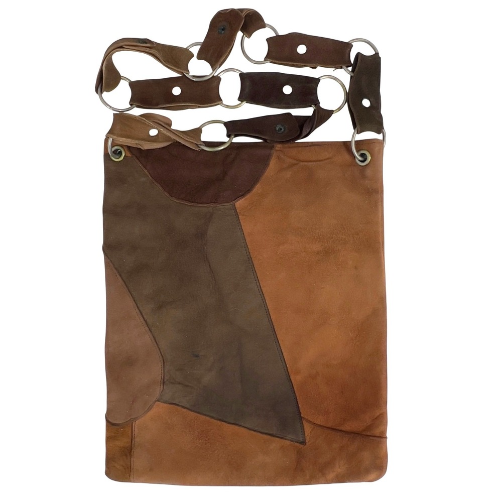 Vintage 70s Brown Patchwork Suede Leather Shoulder Bag Ring Strap Made in‎ Spain